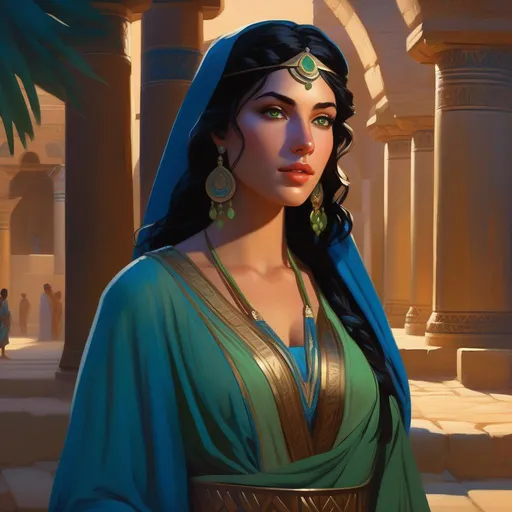 Prompt: Third person, gameplay, ancient Carthaginian girl, pale olive skin, black hair, green eyes, blue atmosphere, Carthage at night, cartoony style, extremely detailed painting by Greg Rutkowski and by Henry Justice Ford and by Steve Henderson 