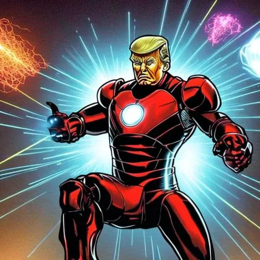 Prompt: trump in ironman suit shooting lazers 
