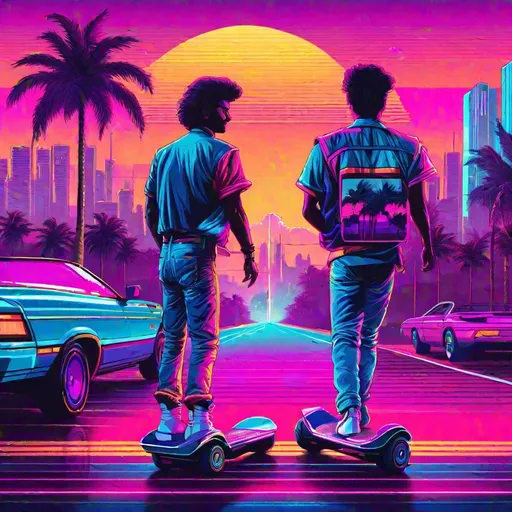 Prompt: retro 80s art, ((2 men on hoverboards)) down a highway with palm trees on the side of the road, retro art, synthwave, city view in the background, highly detailed