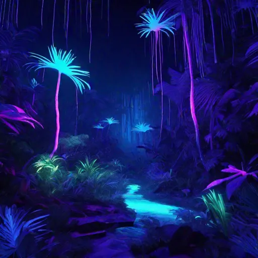 Prompt: 3D DIGITAL  ILLUSTRATION  OF  A  BLACKLIGHT RENDER MASTERPIECE ILLUSTRATION OF A  MAGICAL  ACIDWAVE TROPICAL RAINFOREST IN MADAGASCAR WITH A BEAUTIFUL HAZE OF BIOLUMINECENT  LIGHTING 