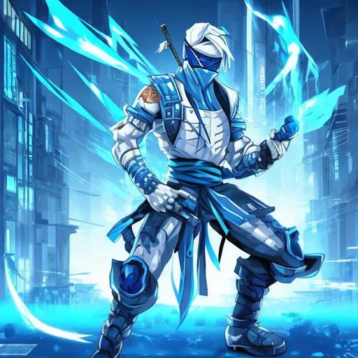 Prompt: Anime cyber ninja with color blue and white