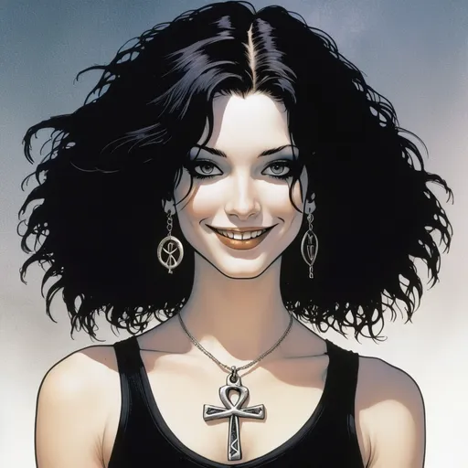 Prompt: Death from Neil Gaiman’s Sandman Comic, Depict a (young, youthful, cute and pleasantly content smiling 16-year-old girl), wearing silver ankh pendant, pale-skinned, slender young woman with dark, messy, shoulder-length hair. Her eyes should have a kind yet knowing expression. She wears a black tank top with simple, dark jeans, accessorized with a silver ankh pendant around her neck. Her lips are dark, contrasting with her pale complexion, and her overall style reflects a gothic aesthetic. Her demeanor should appear calm, welcoming, and slightly whimsical, exuding both warmth and mystery.