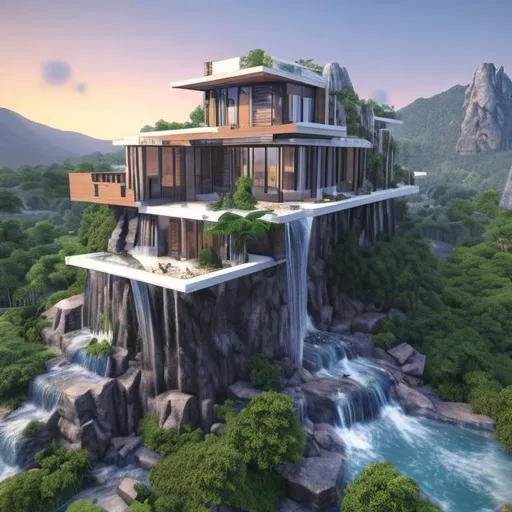 Prompt: Create a multi-story house built into mountains. Waterfalls, Large windows. HyperRealistic. Modern architecture. 64k. UHD, HDR. ((Masterpiece))