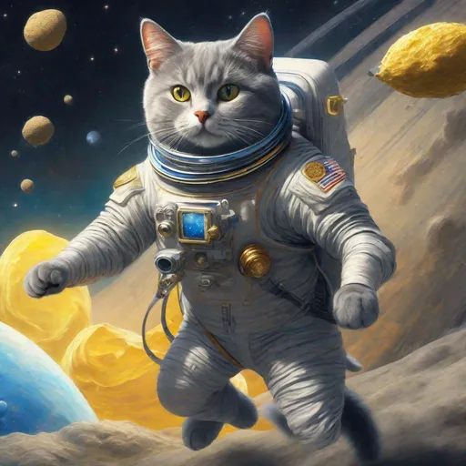 Prompt: concept art of grey cat in a space suit with Floating through empty space chasing butter. Exquisite Detail Everything is perfectly to scale, HD, UHD, 8k Resolution, Vibrant Colorful Award winning in the style of 15th century Japanese art. 