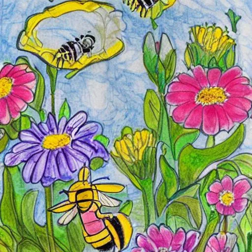 Prompt: spring with flowers and bees, hand drawing
