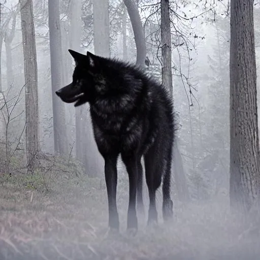 black wolf in a misty forest | OpenArt