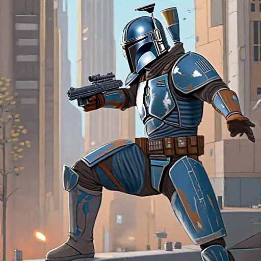 Prompt: Full figure whole body. a male mandalorian warrior in blue and grey armor. start wars art. he helds a pistol. action pose. a scifi city in background. 2d art. 2d.