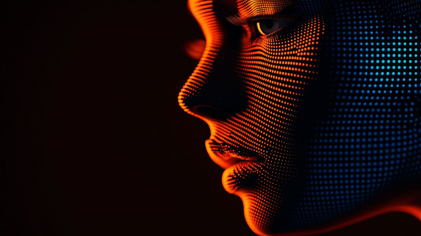 Prompt: 3d female face emerge from the digital dot matrix with variable colors