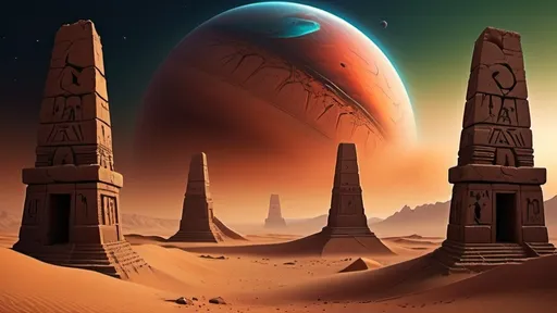 Prompt: ancient ruins in foreground, darkest night, nightmare, carved alien symbols on stone pylons, alien squat stone bunkers with sloping walls, futuristic babylonian architecture, megalithic architecture, no trees, no bushes, no grass, no leafy vegetation, rocky desert alien planet setting, rocky mountainous region, in the style of frank herbert's dune, night sky with giant blue-green planet hidden by red clouds, dust haze, highly detailed, photo-realistic, hyper-real