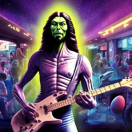 Prompt: Alien Jesus playing a double-necked Guitar for spare change in a busy alien mall, widescreen, infinity vanishing point, galaxy background, surprise easter egg