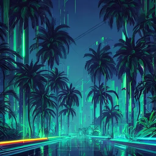 Prompt: neon palm trees jungle 
cyberpunk