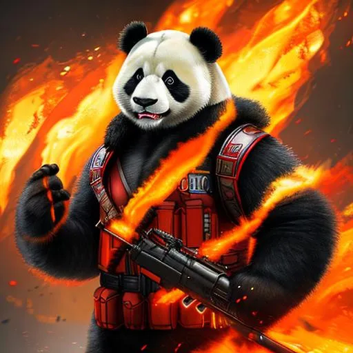 Prompt: Panda dressed in fire soldier clothes, Panda body, Roaring, dramatic lighting, 8k, portrait,realistic, fine details, photorealism, cinematic ,intricate details, cinematic lighting, photo realistic 8k, fire. 