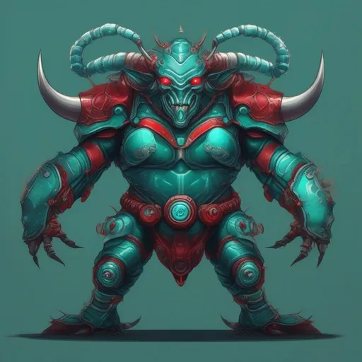 Prompt: Minotaur, fur dark teal and covered in teal insect-like armor, electrified ant antennae, silver and grey with red gears tail, chordophone, best quality, masterpiece, in 2D illustration Style 