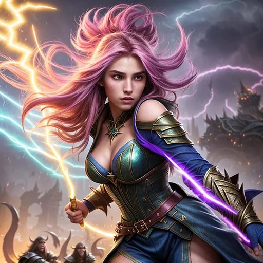 Prompt: Splash art, swirling magical lights, dense fog, create an intricately detailed, full body, ultra realistic, 3D Rendered image focused on an enticing, alluring, highly detailed, slender ((random hair color)), super exotic young adult human sorceress. {{surrounded by angry orcs.}}, casting magic lightning bolts} in an epic depiction of battling orcs, in a dystopian city destroyed by, 64k resolution, ultra photo realistic, highly exotic, ultimate fantasy, digital concept art, perfect cinematic lighting, perfect shading.