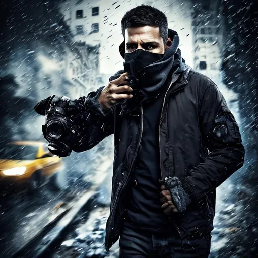 Prompt: A male  journalist in black jacket, with scarf as mask holding camera of Nikon D800, background war battle, Hyperrealistic, sharp focus, Professional, UHD, HDR, 8K, Render, electronic, dramatic, vivid, pressure, stress, nervous vibe, loud, tension, traumatic, dark, cataclysmic, violent, fighting, Epic