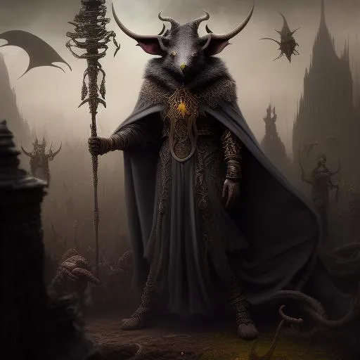 Prompt: skaven grey seer thanquol wearing dark hooded robe, the staff of the Horned rat in one hand, standing on piled up corpses, artstation trend, detailed matte painting, deep color, fantastical, intricate detail,  complementary colors, fantasy concept art, 8k resolution head and shoulders portrait, portrait by Greg Rutkowski, Artgerm, WLOP, Unreal Engine 5 volumetric lighting