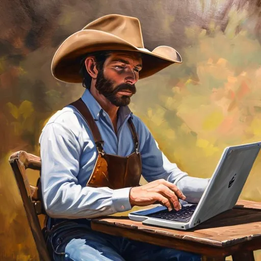 Prompt: A painting of a cowboy working on a laptop

