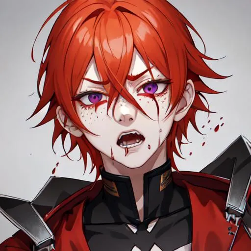 Prompt: Erikku male adult (short ginger hair, freckles, right eye blue left eye purple) UHD, 8K, Highly detailed, insane detail, best quality, high quality, covered in blood, covering his face with his hand, wide eyes, insane, fear, threatening, laughing, angry, fighting, psychopathic, anime style