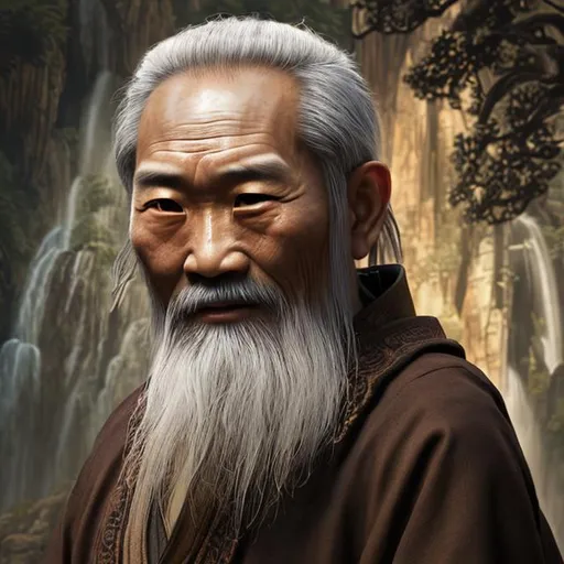 Prompt: old Asian man as the eastern philosopher Lao-tzu Photorealistic Overdetailed Portrait, Well Detailed face, Brown and Beige Robes, Black hair, Detailed Hands, Detailed Twilight Background, Intricately Detailed, flowing waterfall in background, Award Winning, Photograph, Film Quality.