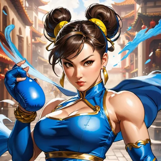 Prompt: Splash art of Chun Li from Street Fighter. Fusion between European Renaissance art and modern-day manhwa art. Fantasy, High detail