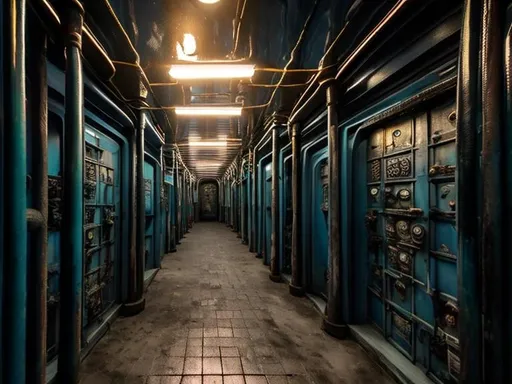 Prompt: Dark hallway on the submarine with many doors,shopfront,store