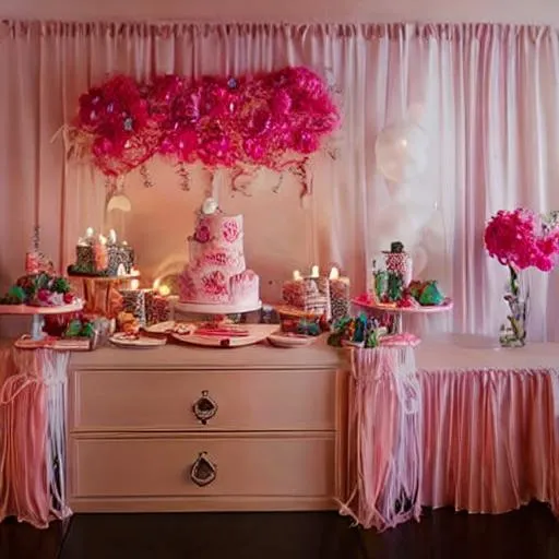 Prompt: photograph of a prety cake and decorated room