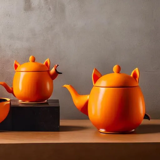 Prompt: a hyper real photo teapot shaped of a orange blended with a fox and orange shaped cups, hybrid creature, surreal, 8k, food photography, octane render