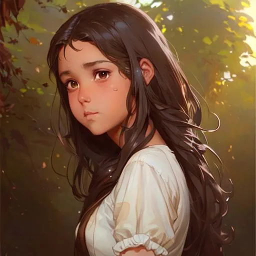 Prompt:  A young girl, with chocolate brown hair that goes all the way down to my bottom, hazel brown eyes and light dark tan skin extremely detailed, realistic. Krenz Cushart + loish +gaston bussiere +craig mullins, j. c. leyendecker +Artgerm, oil painting texture oil painting effect Krenz Cushart + loish +gaston bussiere +craig mullins, j. c. leyendecker +Artgerm, oil painting texture.