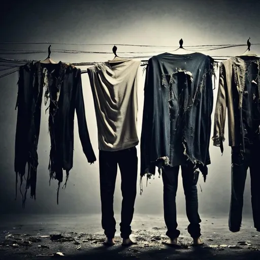 Prompt: A number of men with torn clothes hanging on a dark background
