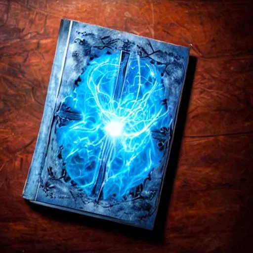 Prompt: blue magical energy bursting from a ancient tome