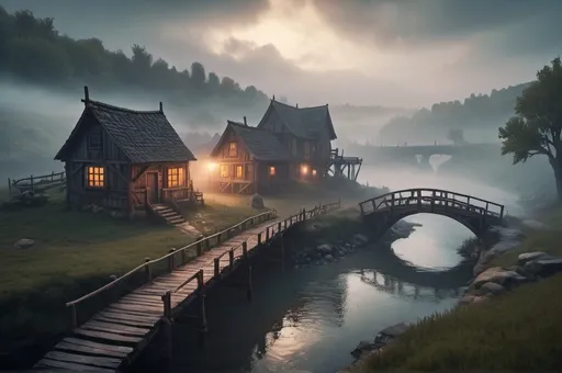 Prompt: small settlement, foggy, bridge and river, dramatic fantasy settlement scene, cinematic lighting
