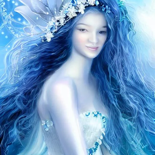 Prompt: White fairy goddess with blue background, realistic, closeup