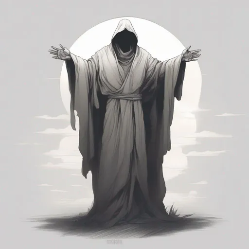 Prompt: Faceless robed god. Standing tall, high above the land. His body hairless and featureless. The robes on his body were loose.