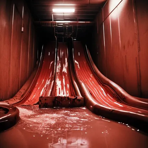 Prompt: Indoor water slides empty dirty vomit dilapidated night dim lighting red dirty dry dark drain meat flesh nightmare holes deep empty