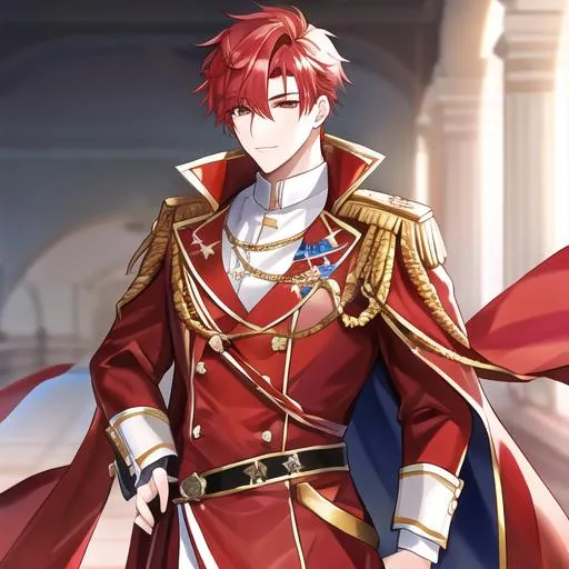 Prompt: Zerif male (Red half-shaved hair covering his right eye) 4k, wearing a royal uniform, hand over his chest bowing