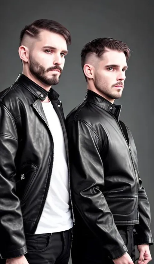 Prompt: two manly men short hairs wearing black leather straitjacket having frotting