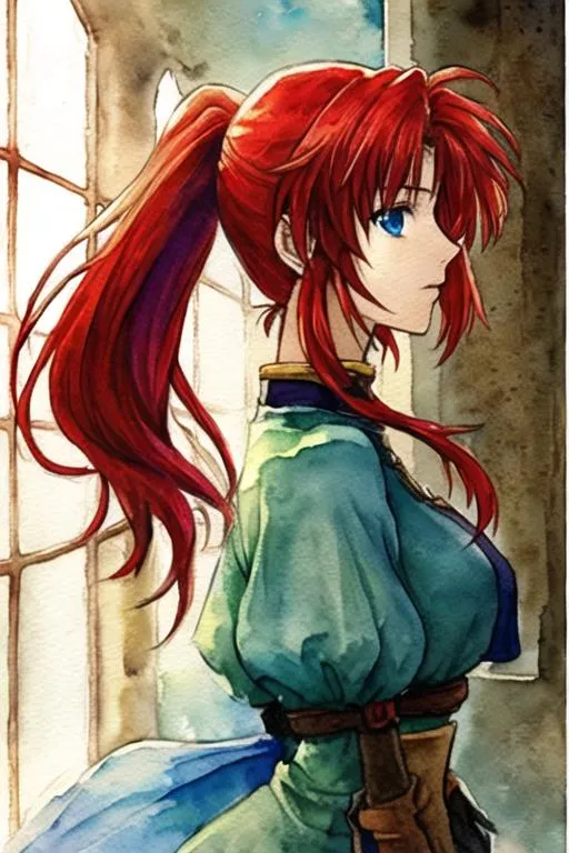 Prompt: Watercolor sketch, painting, Side profile, natural light, 

 Lady knight, red hair, beautiful eyes, ponytail, silhouette, beautiful eyes, valkyria chronicle style, suikoden style