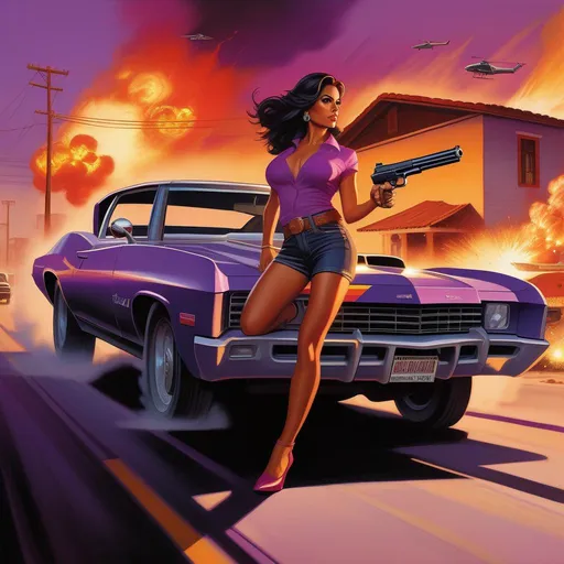 Prompt: GTA cover art, latina woman with guns, explosions, car chase, cartoony, dark purple atmosphere, extremely detailed painting by Greg Rutkowski and by Henry Justice Ford and by Steve Henderson