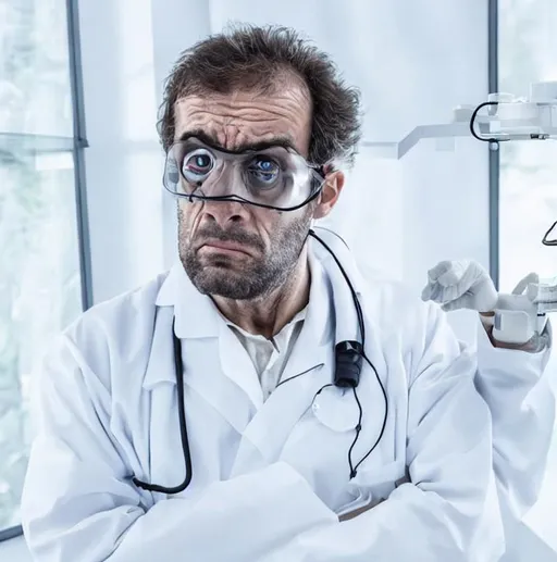 Prompt: Evil looking scientist looks at the window with a concerned look on his face.