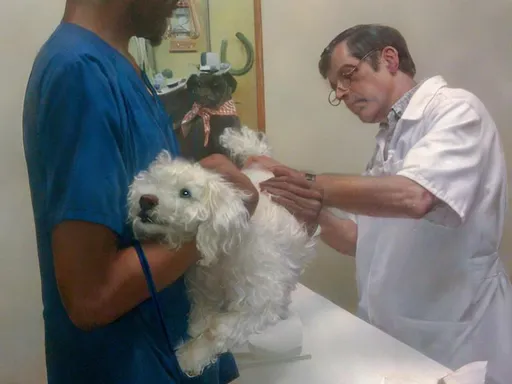 Prompt: vivid color Painting of a poodle, at the vet, by Norman Rockwell, 