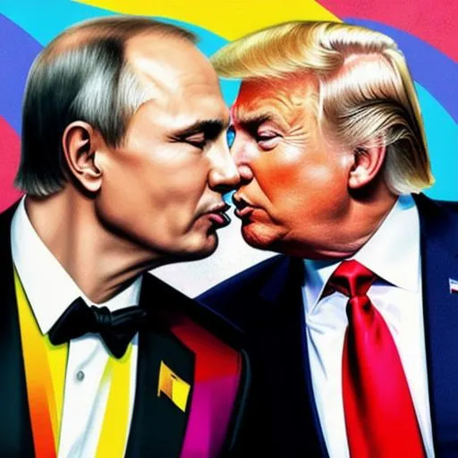 Prompt: A passionate mouth kiss between russian president Vladimir Putin and Donald Trump, Dmitri Vrubel style, graffiti wall, with a rainbow background  trending on artstation, 65k, UHD, art masterpiece