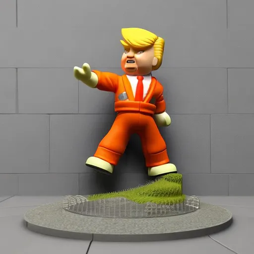 Prompt: tiny cute Donald Trump toy, standing character, wearing orange prison jumpsuit, soft smooth lighting, soft pastel colors, skottie young, 3d blender render, polycount, modular constructivism, pop surrealism, physically based rendering, square image
