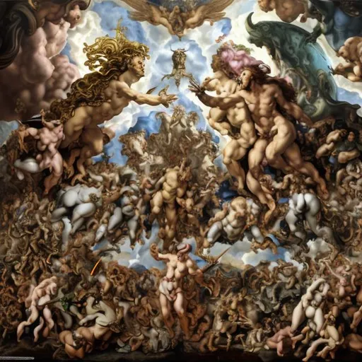 Prompt: An epic battle of good vs evil, ultra realistic, fine detail, Michael Angelo meets Salvador dali, masters of the universe, stars, heavans, hell, beasts, angels, War, victory