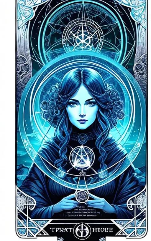 Prompt: tarot card style + triple goddess portrait, vintage detailed sci-fi illustration, pentagram + intricate Celtic ink illustration + symmetry + bloodborn  