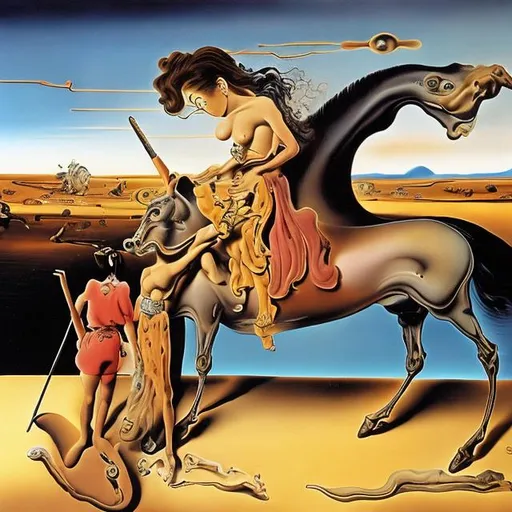 Prompt: dali style painting with a young womN AND A HORSE