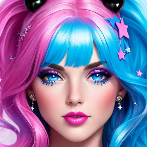 Prompt: 4K, 16K, picture quality, high quality, highly detailed, hyper-realism, pretty woman, beautiful eyes, pink and blue hair, cherries, whipped cream, lollipop, deviant art, stars, popart, candy