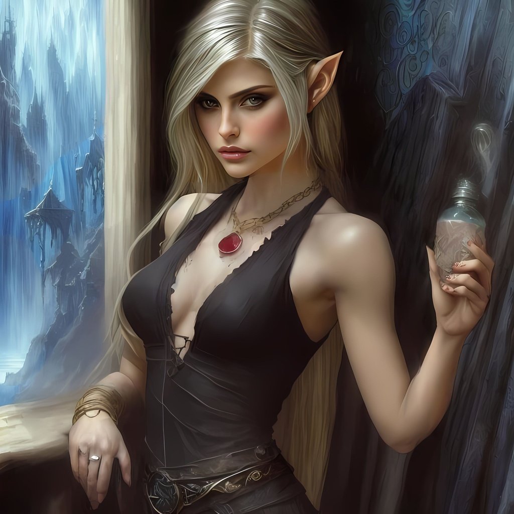 Prompt: gold chainlink necklace with ruby, ornate black wizard robes, high quality, beautiful female elf queen, "Luis Royo", oil painting, Very detailed,   clear visible face, elf ears, dark fantasy, Phoebe Tonkin, Alexandra Daddario, Ariana Grande, Natalie Portman, background is wizard's study room and living room, bookshelves, small bossom, hand holding bottle, gold bracelet