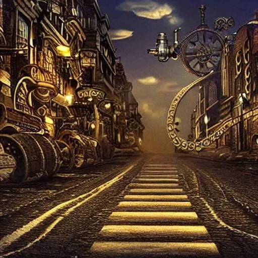 Prompt: steampunk road