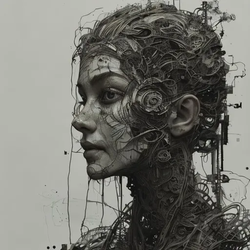 Prompt: a black and white drawing of a woman's face, driftwood sculpture, intricate manga drawing, ash thorp, tattered clothes, wiry, made of cardboard, she has a distant expression, made of wire, half - electric striking woman, scribbled