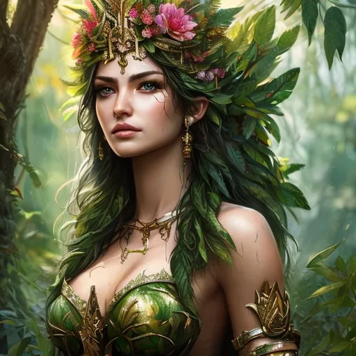 Prompt: High-resolution hyper realistic painting of {topless, vegetation goddess} [ameretat] , uhd, hdr, 64k, epic scene, crown, upper body, sharp edges, wooden armor. flower hair. green eyes, forest, garden